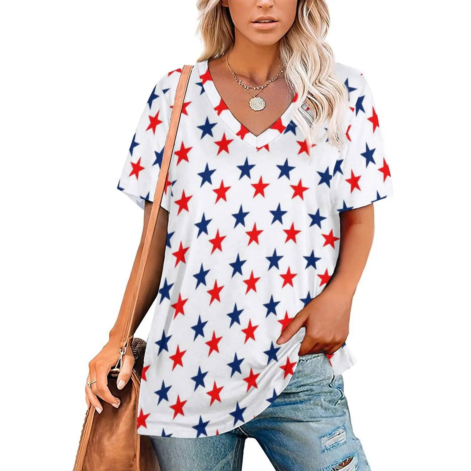 

Cool American USA Flag T-Shirts Blue Red Stars Print V Neck Basic Oversize T-Shirt Female Trendy Tshirt Beach Graphic Top Tees