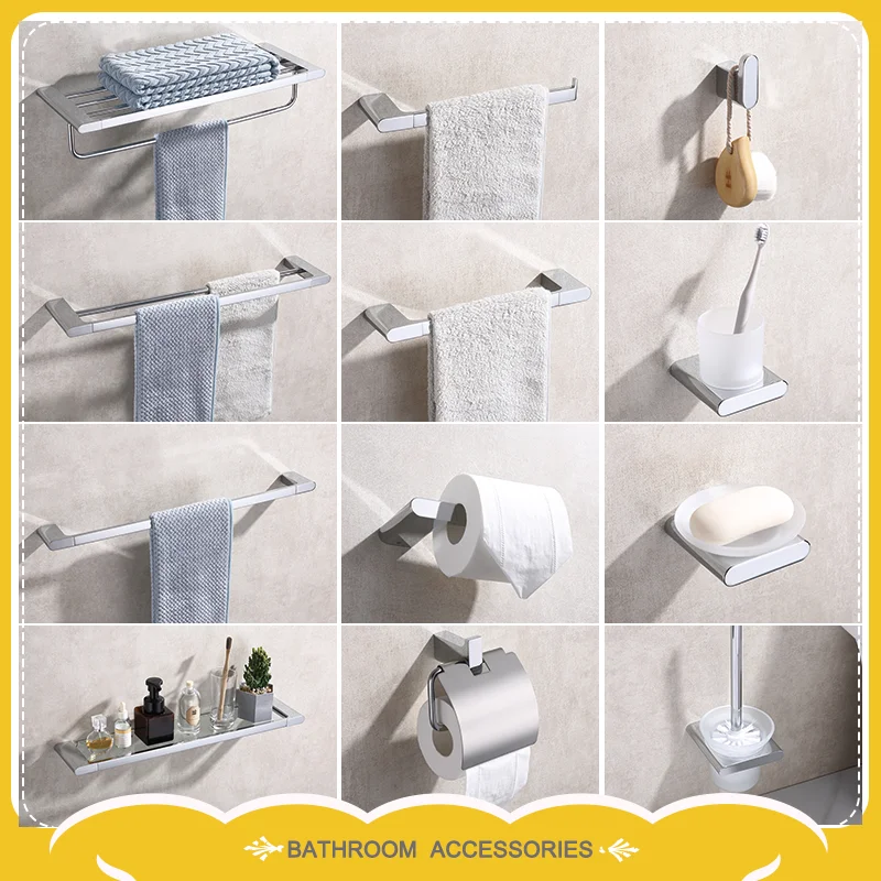 

Chrome Full Bathroom Sets Towel Shelf Double Rod Towel Ring Bar Coat Hook Toilet Brush Soap Box Toilet Paper Holder