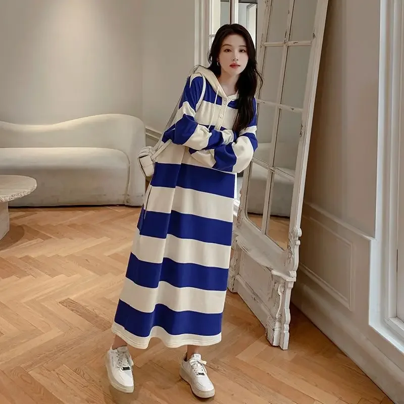 

Office Lady Simplicity Fashion Dresses Loose Casual Printing Lacing Striped Streetwear Long Sleeve Pullovers Women Clothing 2023