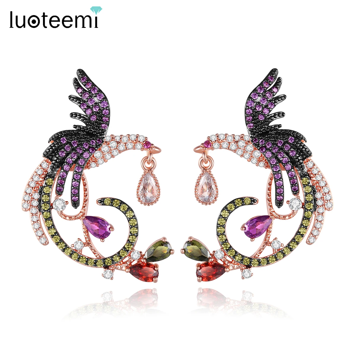 LUOTEEMI Vintage Unique Colorful Rainbow Jewelry CZ Phoenix Stud Earrings for Women Animal Bird pendientes for Bridal Wedding