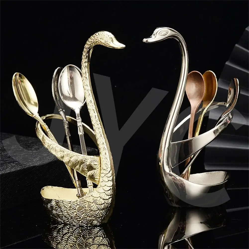 

Creative Swan Fruit Spoon Fork Holder Cygnus Base Stainless Steel Salad Dessert Cake Forks Coffee Spoon Storage Tableware Holder