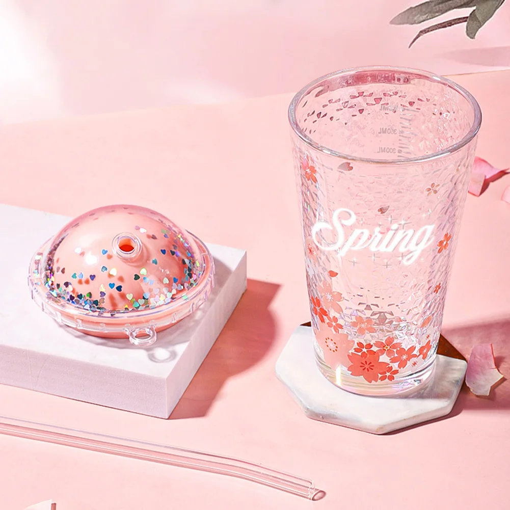 

480ml Girls Cherry Blossom Glass Graduated Cup Glass Water Drinking Glass Cups For Hot Cold Beverage Shiny With Straw With Lid