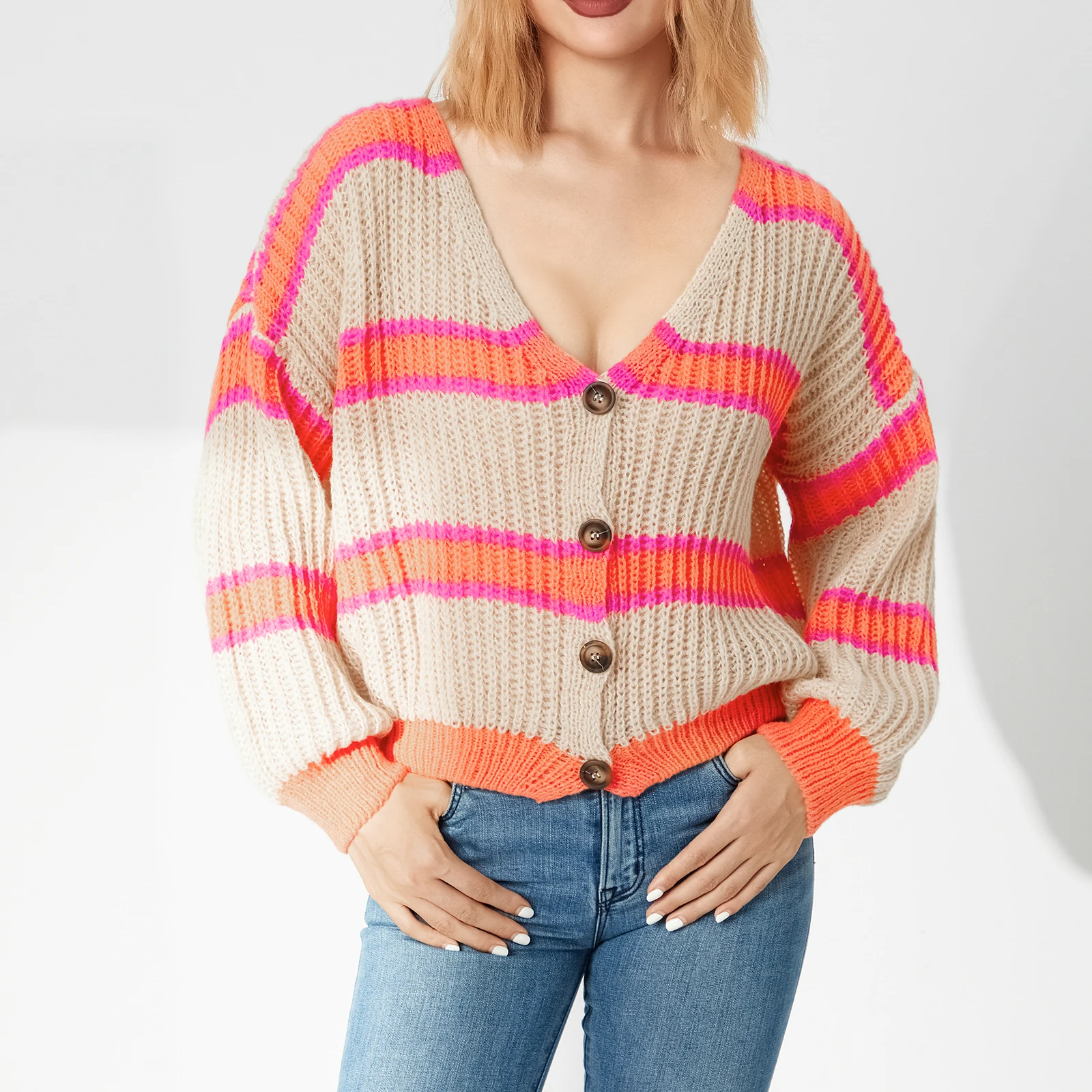 

Women Knitted Fall Winter Cardigan Contrast Color Striped Long Sleeve V Neck Button Down Loose Knitwear Sweater