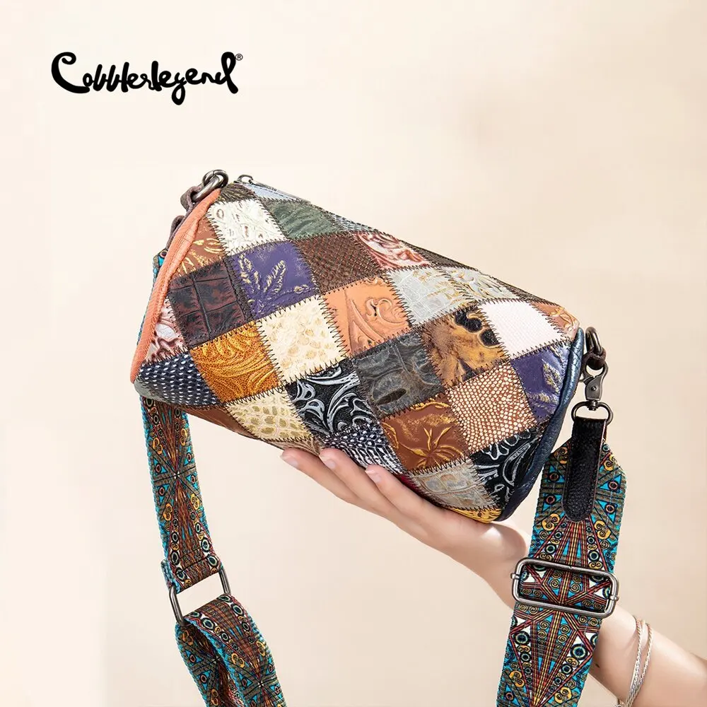 Ethnic style women bag individual stitching leather shoulder bag fashionable leather top layer colorful cylindrical women diagon