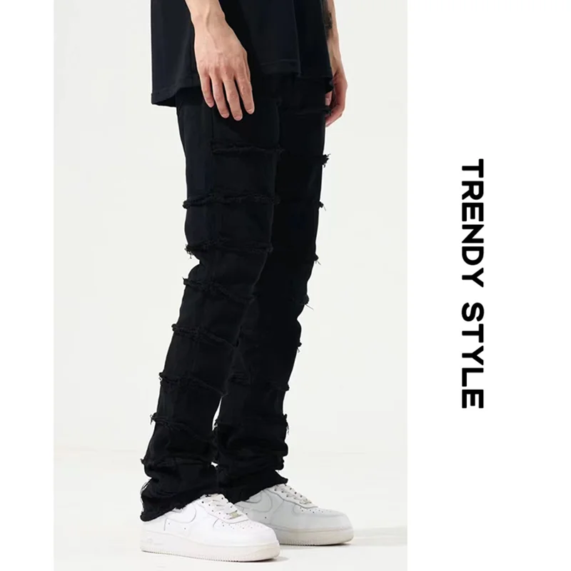 Streetwear Men Autumn and Winter New Pattern Layered Fringed Blue Pencil Pants Vintage Recreational Sense of Design Jeans Female