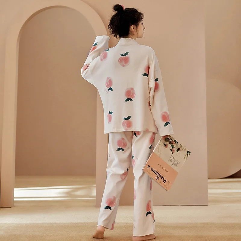 Spring Women Temperament Pajama Sets Long Sleeve peach print Tops Ankle Length Pants Cozy Loose Sleepwear Fashion Lounge Popular