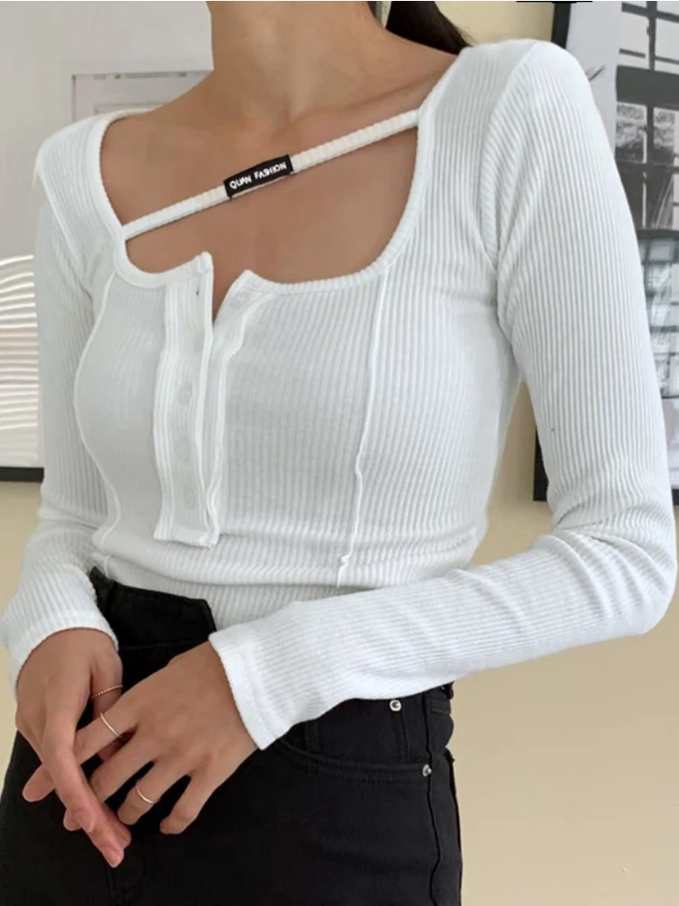 

Vintage White Knit T-Shirt Long Sleeve Square Collar Cardigan Button Crop Top Kawaii Y2k Feminine Clothes Harajuku Blouses Tee