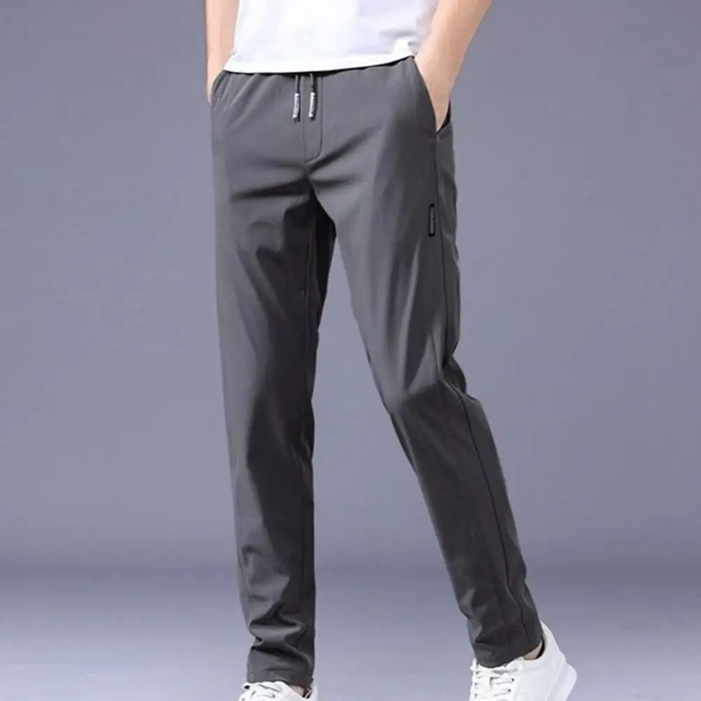 

Chic Full Length Drawstring Men Spring Straight-leg Pants Elastic Waist Polyester Casual Men Pants for Street Wear