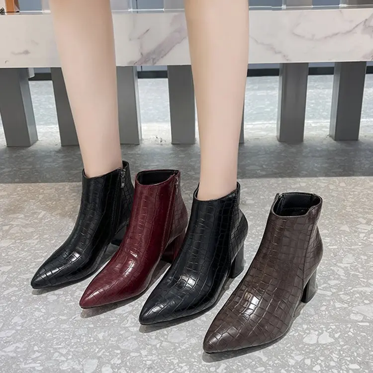 

New Ankle Boots Women Pointed Toe Thick Heels Genuine Leather Shoes Short Boots Soft Sole Footwear Plus Size 35-41