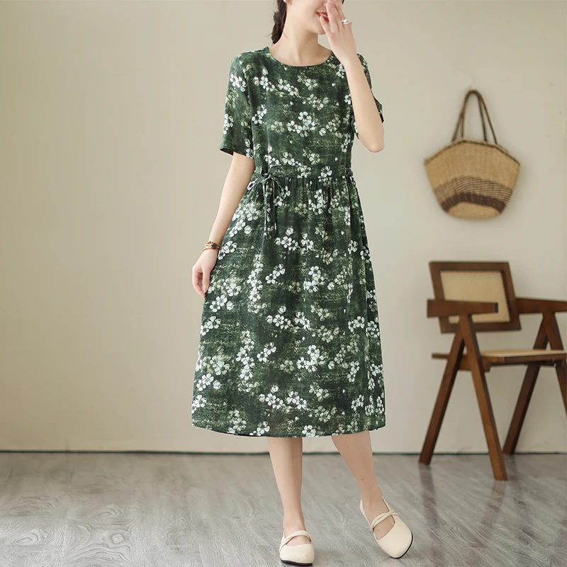 

Женское платье с круглым вырезом, Длинное свободное платье из хлопка и льна с винтажным принтом, повседневная одежда, лето 2023