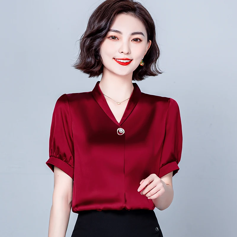 

Женская атласная рубашка, однотонная шелковая рубашка с V-образным вырезом и короткими рукавами, модель 2022 в Корейском стиле на лето