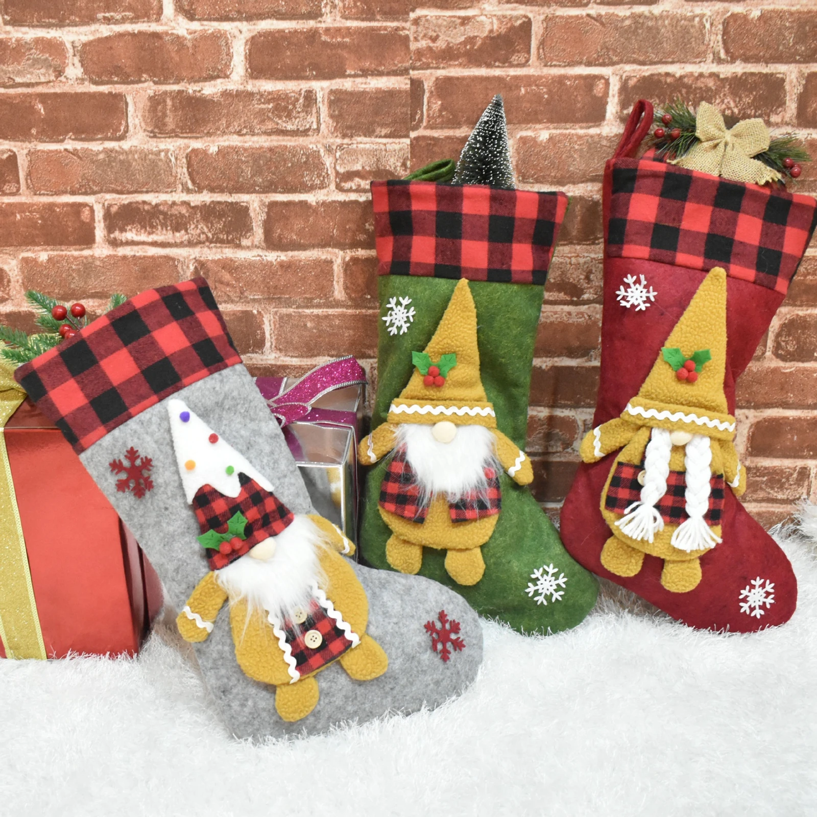 

Рождественский Подарочный пакет клетчатый Снежинка гном узоры носок в форме хоп-карманный праздничный кулон зеленый/красный/серый