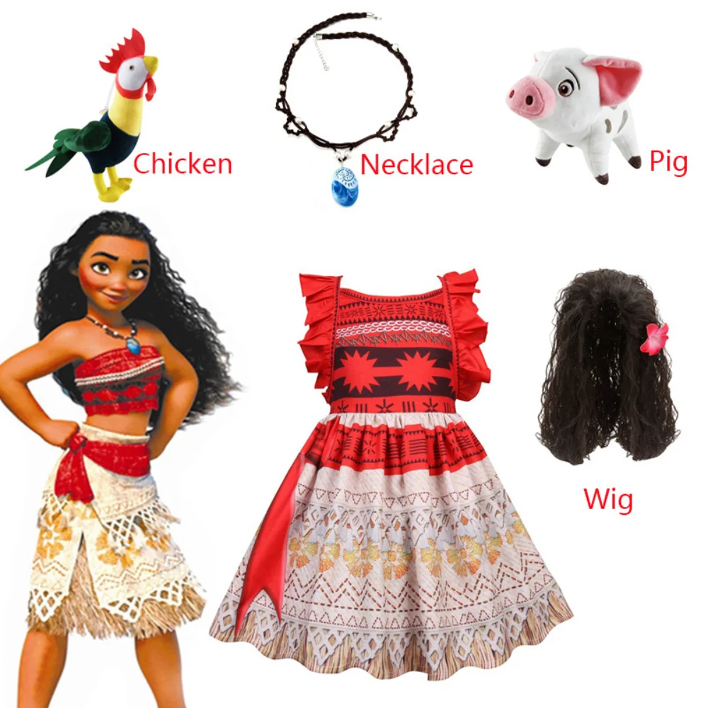 

Kids Girls Clothes Cosplay Princess Dress Moana Children Vaiana Girls Party Costume Dresses with Necklace Pet Pig Chick Girl Set