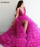 sexy pink deep a line v neck prom gowns tiered with sash puffy tulle long evening dresses high side split prom party dresses