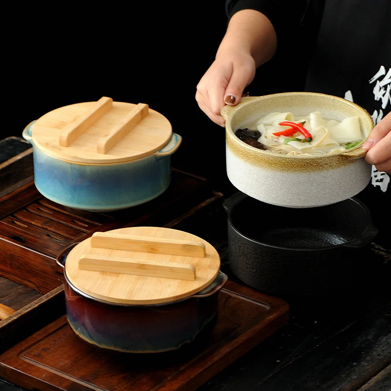 

Керамическая миска для лапши быстрого приготовления в японском стиле с крышкой и ложкой, большая емкость, искусственная посуда для дома