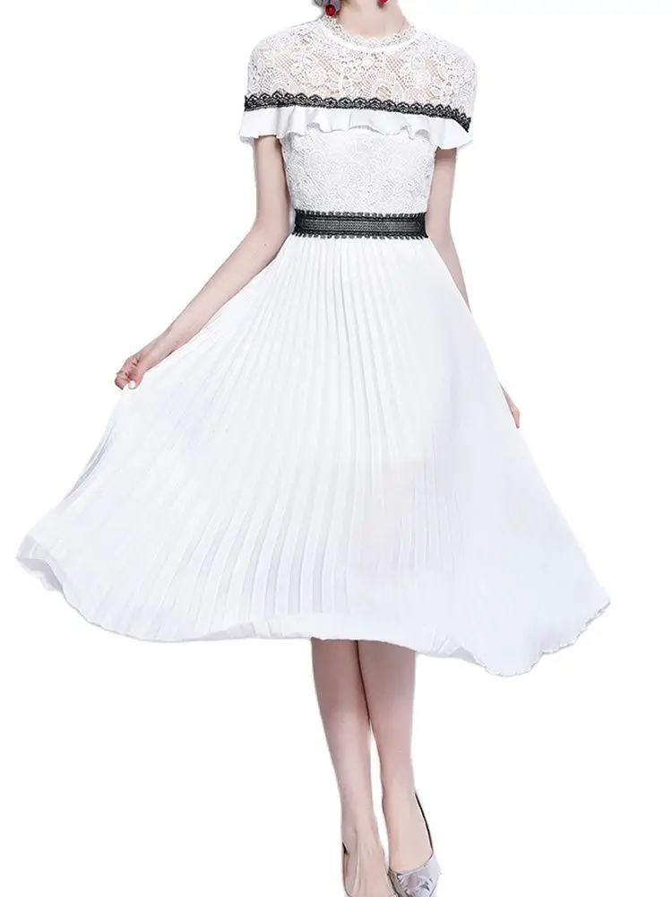 Fashionable And Elegant Pleated Dress Lace Stitching Waist Thin Short-Sleeved A-Line Skirt 2022 Summer New Women'S Clothing