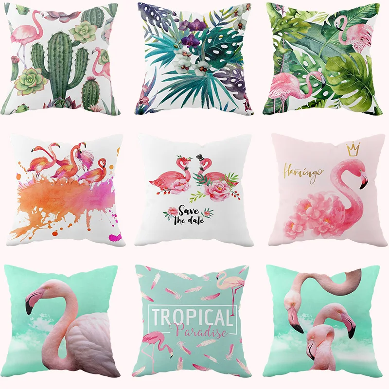 

Flamingo Green Plant Print Square Pillowcase Home Decor Car Sofa Cushion Cover