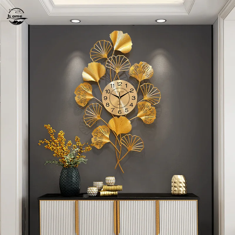 

Metal Wall Clock 80 Cm Ginkgo Biloba One Sided Gold Wall Clock Fashion Luxury Home Living Room Decoration Reloj Pared Decorativo