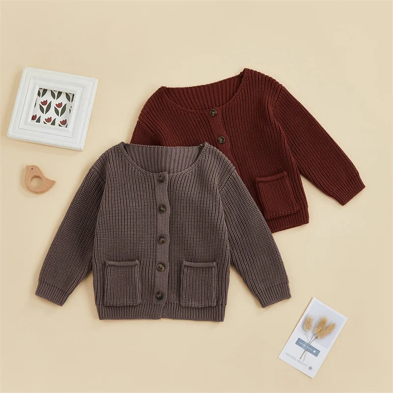 3-24Months Newborn Sweater for Autumn Winter Solid Knitwear Tops Outwear Long Sleeve Crew Neck Button Down Cardigan Boys Girls