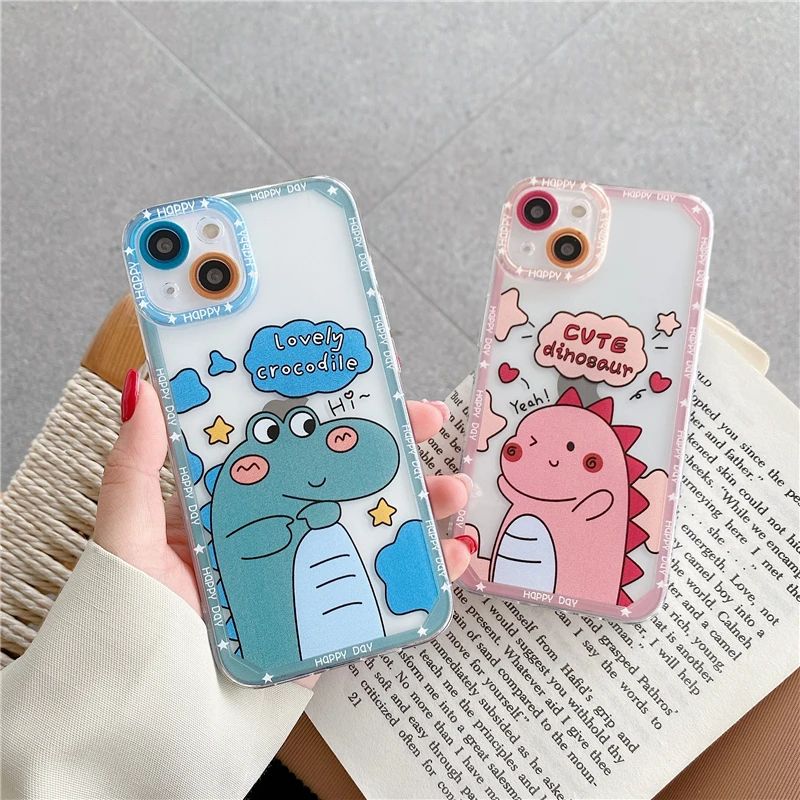 

Cute Dinosaur Couple Pattern Phone Case For iPhone 11 12 13 Pro Max XR XS X 7 8 Plus SE 2020 Camera Protective Soft Clear Cover