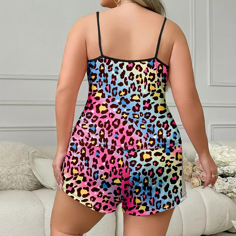 Plus Size Women's Sexy Colorful Leopard Print Homewear Slipshorts 2-Piece Set Summer Outfit Sleeveless Pajama