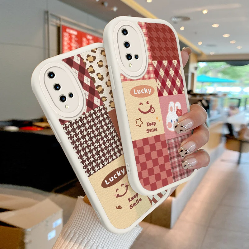 

Lovely rabbit Lambskin Leather Phone Case for Honor 20 20S Huawei Nova 5T Back Cover Splice Grid