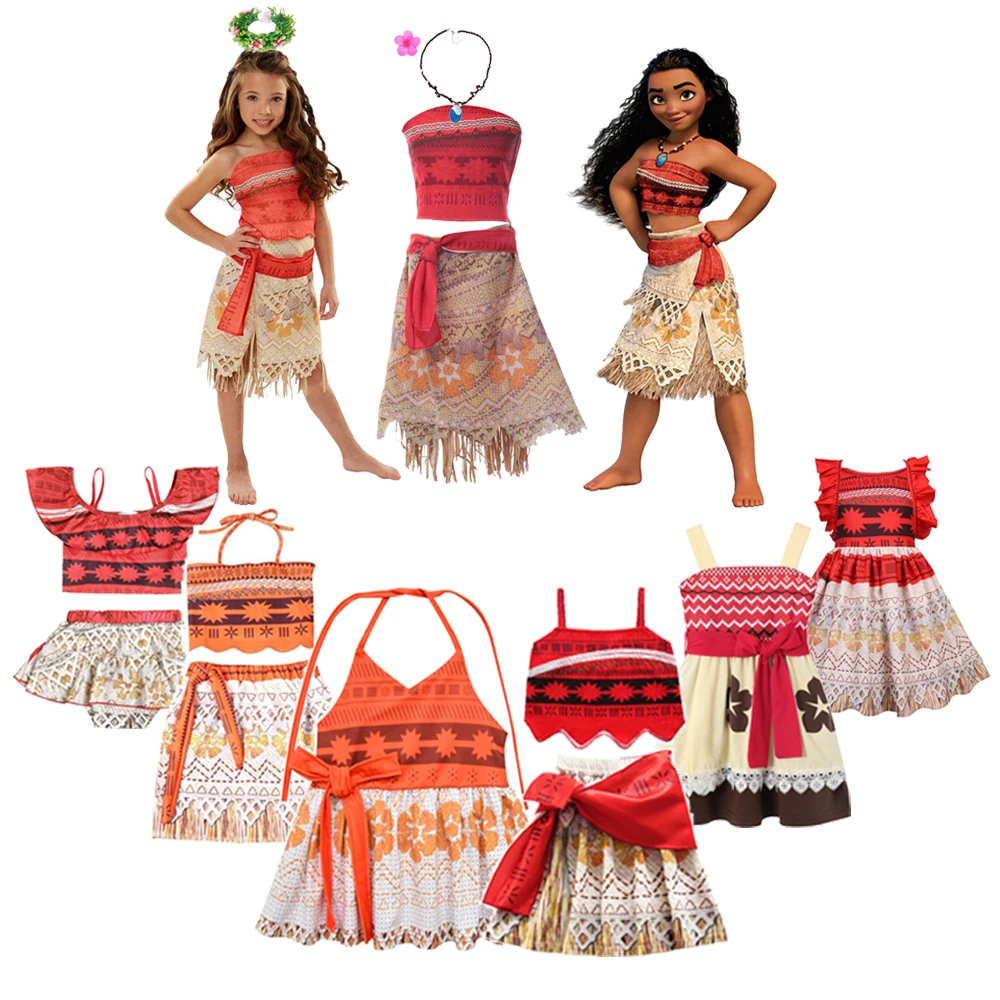 Princess Moana Vaiana Costume Children Clothing Dresses Disney Girls Vestidos Summer Straps Backless Dress for Kids Outfit & Wig