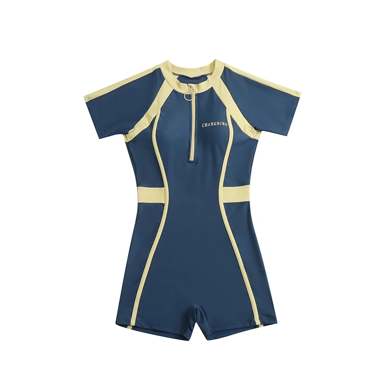 2023 New One Piece Swimsuit Women Short Sleeve Sport Swimwear Female Patchwork Monokini Bodysuit Beach Bathing Suit Zipper