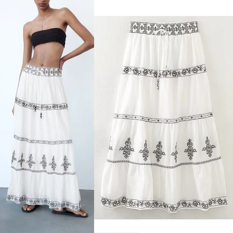 

TRAF Long Skirts For Women Fashion 2023 Vintage Embroidery Maxi Skirt Female Clothing A-line Skirts High Waist Chic Summer Skirt