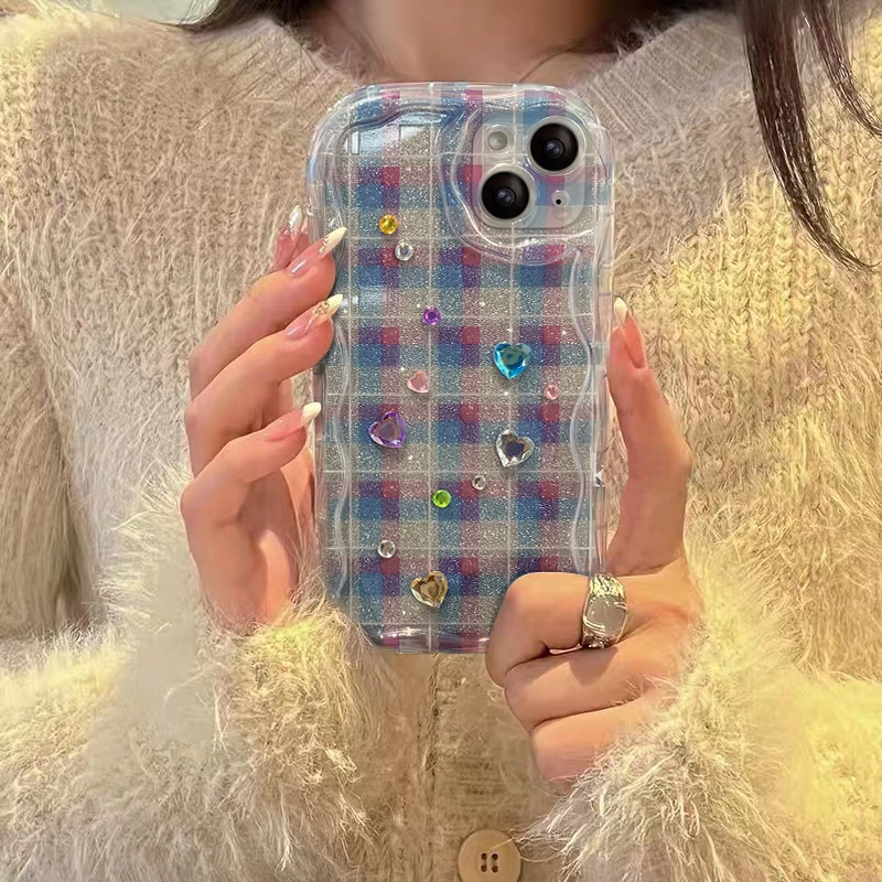 

Case for iPhone 13 13 PRO 13 PRO MAX 14 PLUS 14PRO 14PROMAX Cartoon Cute Lattice Drill Curve Anti-drop Phone Case