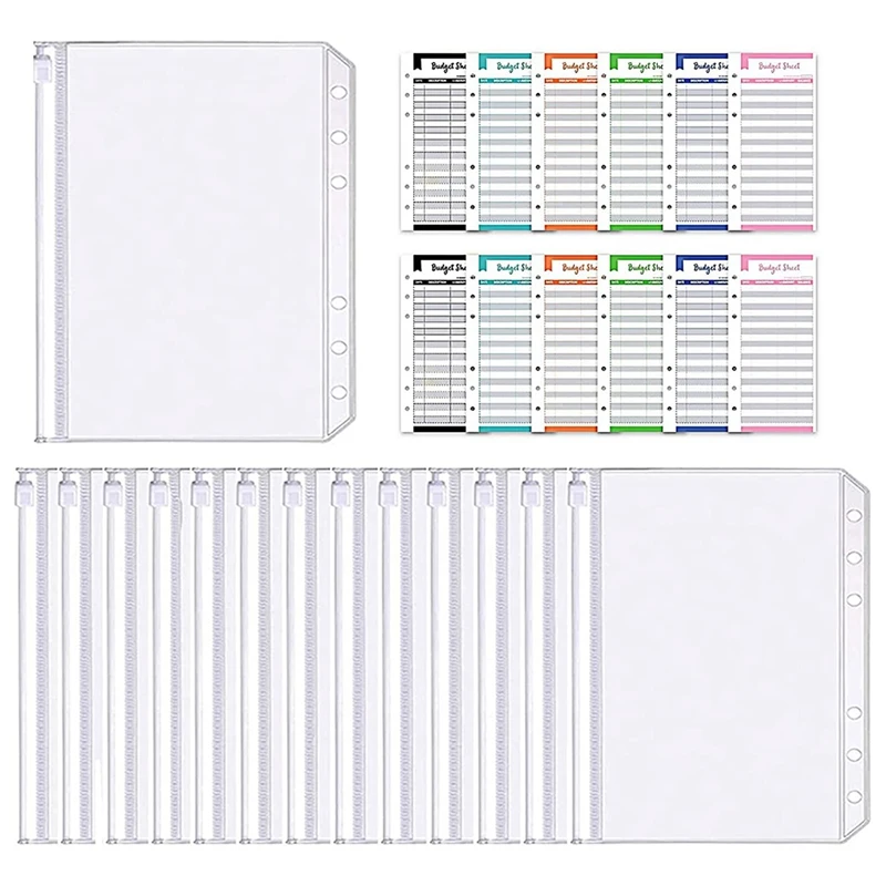 

30Pcs Binder Pockets A6 Size 6 Holes Zipper Binder , With 12 Pcs Expense Budget Sheets