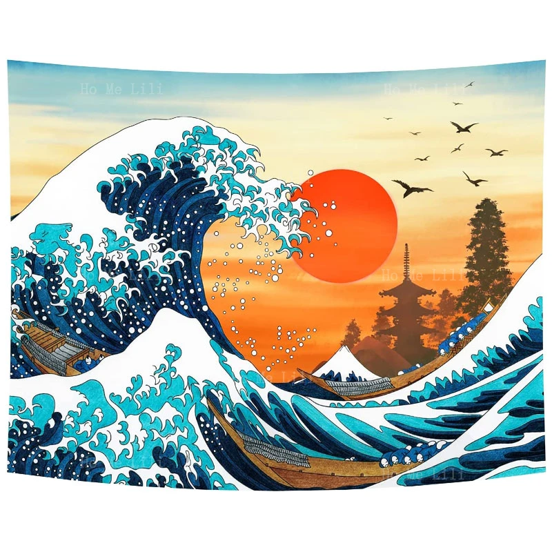 

Japanese Wall Hanging Great Wave Tapestry Kanagawa Sunset Cherry Blossom Art Nature For Living Room Bedroom Dorm Decor