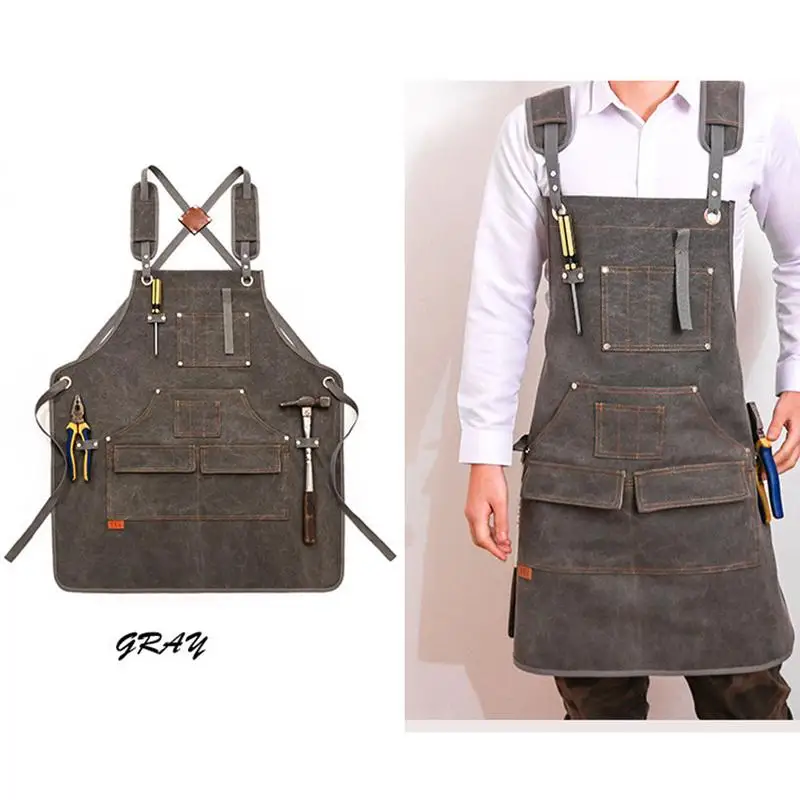 

Durable Goods Heavy Duty Waxed Unisex Canvas Work Apron With Tool Pockets CrossBack Straps Adjustable For Woodworking Painting