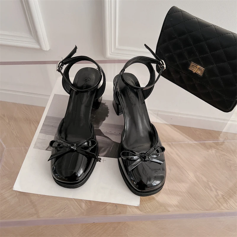 

Spring summer Mary Janes shoes mid Heel split Toe shallow mouth genuine Leather ankle strap sandals Women dress shoes runway