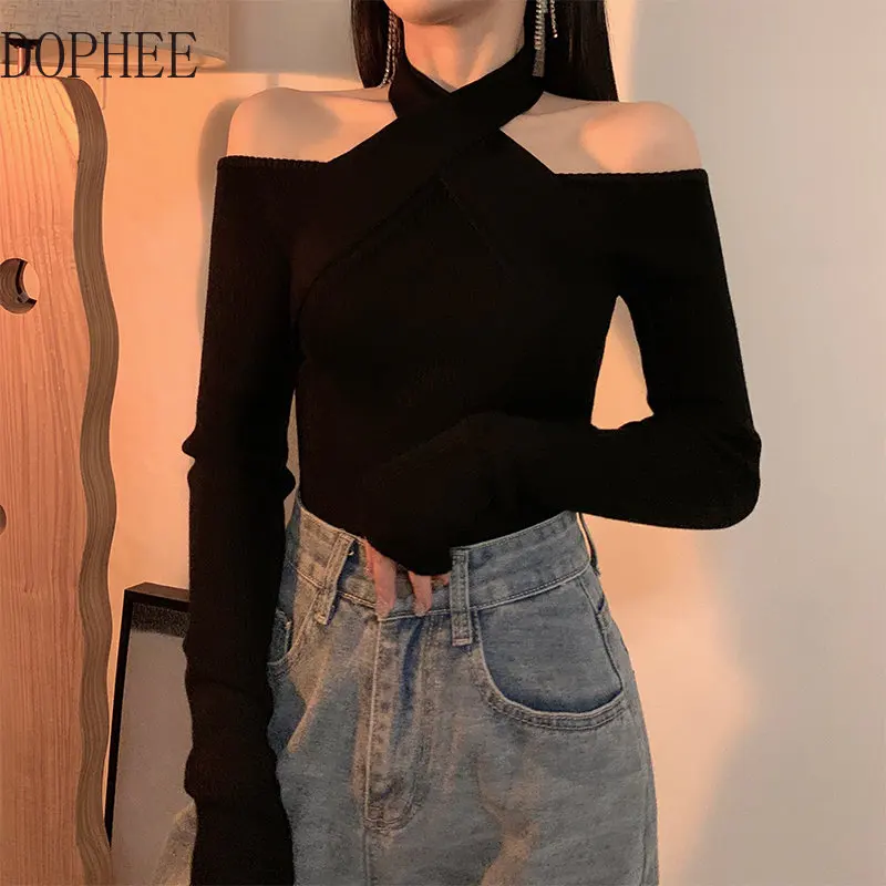 

Halterneck Black Knitting Top 2023 New Spring Sexy Off-the Shoulder Slash Neck Autumn Winter Long Sleeve Slim Basic Sweater