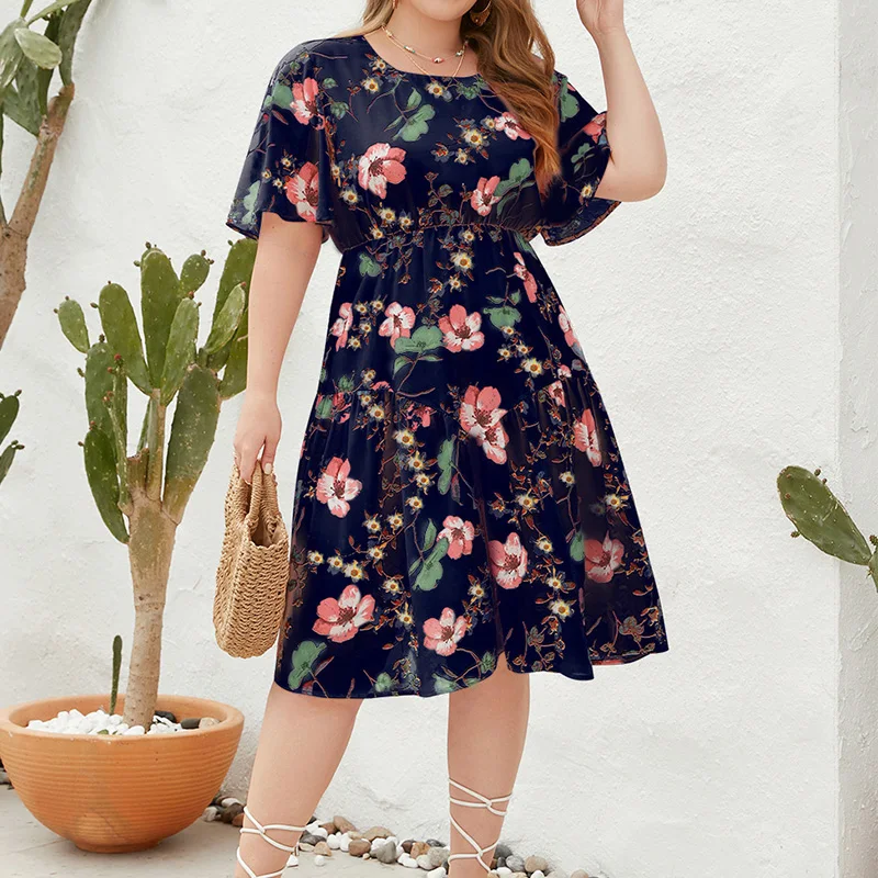 French Elegance Floral Print Flare Short Sleeve A-line Vacation O-Neck Loose High Waist Lady Summer Plus Size Casual Midi Dress