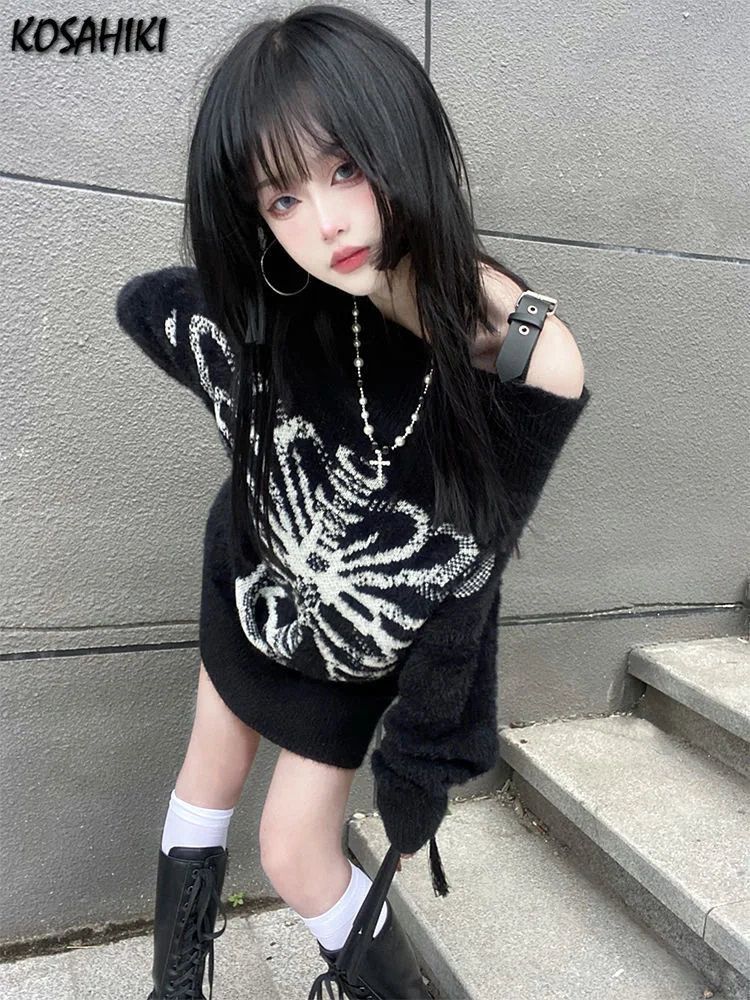 

Grunge Sweater Fashion Streetwear Y2k Aesthetic Blackpullover Skull Print Gothc Women Jumper Harajuku Loose Knitwear