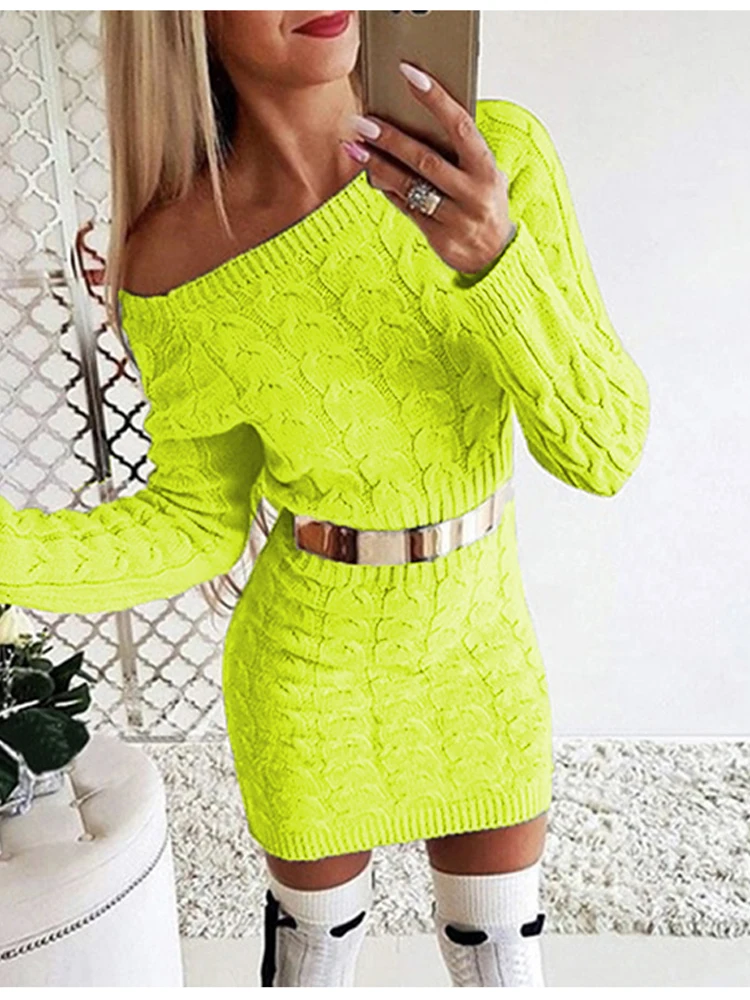 

Pullover Sweater Knit Dress Korean Fashion 2022 Y2k Mid-Length Fluorescent Color Twist Waist And Off-Shoulder Women's Clothing