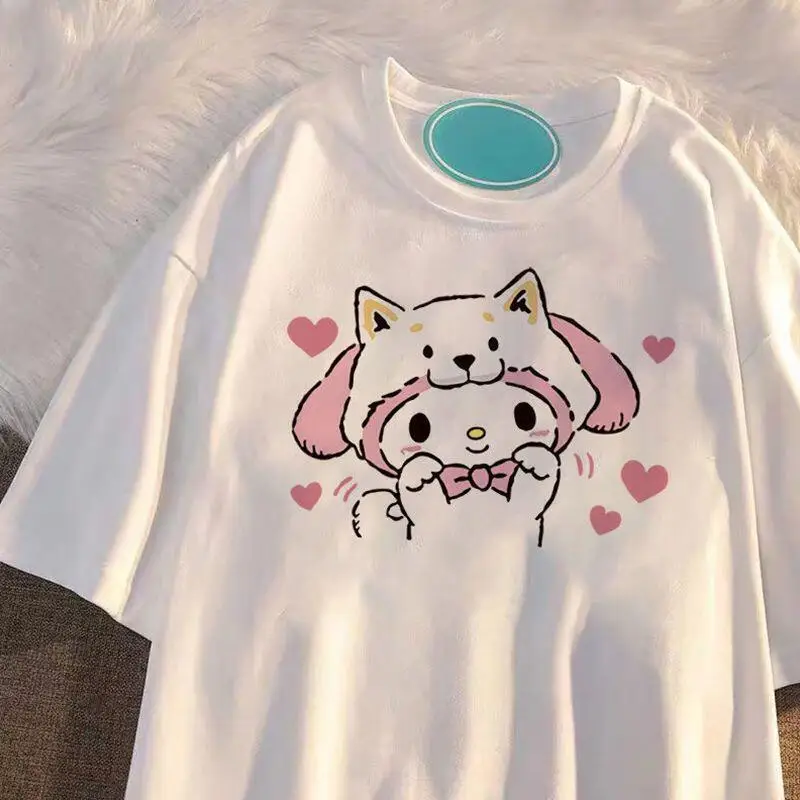 Фото Женская футболка с коротким рукавом 2026 года, летняя, Sanrio, новая коллекция My Melody, свободный крой, топы для девушек, из чистого хлопка, милые, модные, универсальные №1