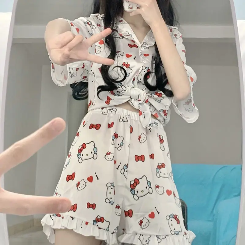 

Hello Kitty Kawaii Pajama Set Sanrio Cartoon Short Sleeve Summer Cardigan Soft Girl Student Sweet Comfortable Home Clothes Gift