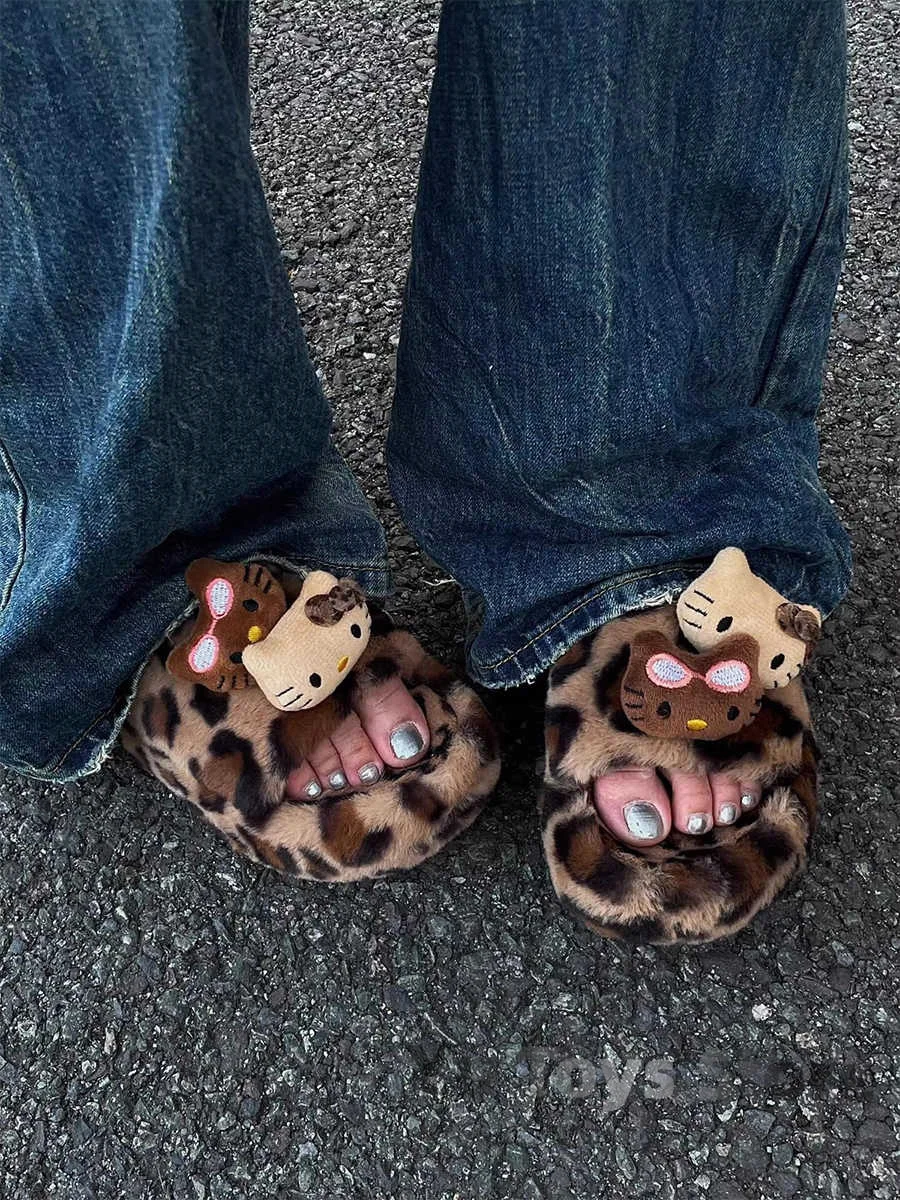 Sanrio Y2k Hello Kitty Leopard Print Plush Slipper Autumn And Winter Spicy Girl Thick Bottom Fashion Non-Slip Home Shoes