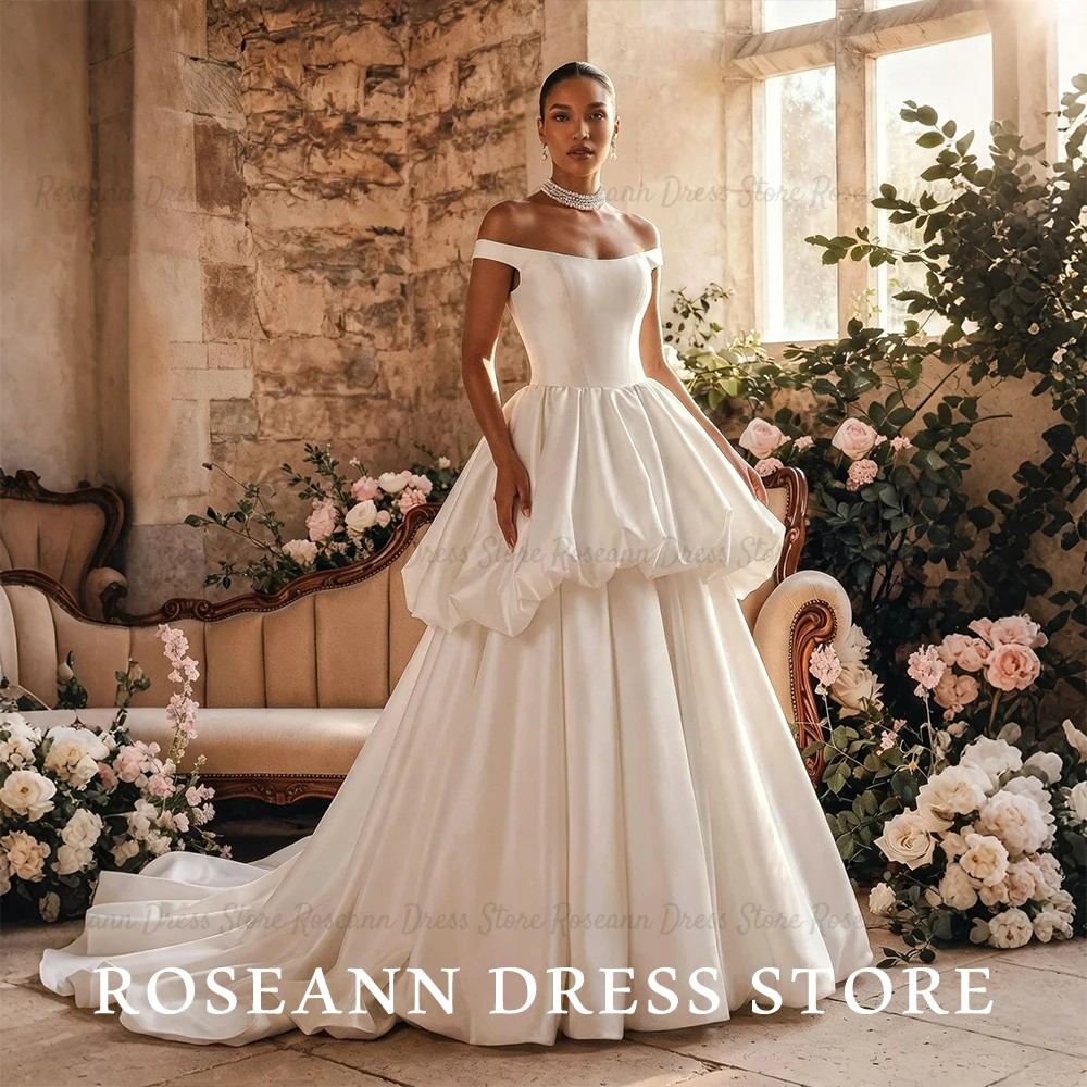 Фото Свадебное платье Roseann с открытыми плечами, из атласа, длинное бальное платье, многослойное с рюшами, с шлейфом длиной в пол, свадебное платье на заказ. №1