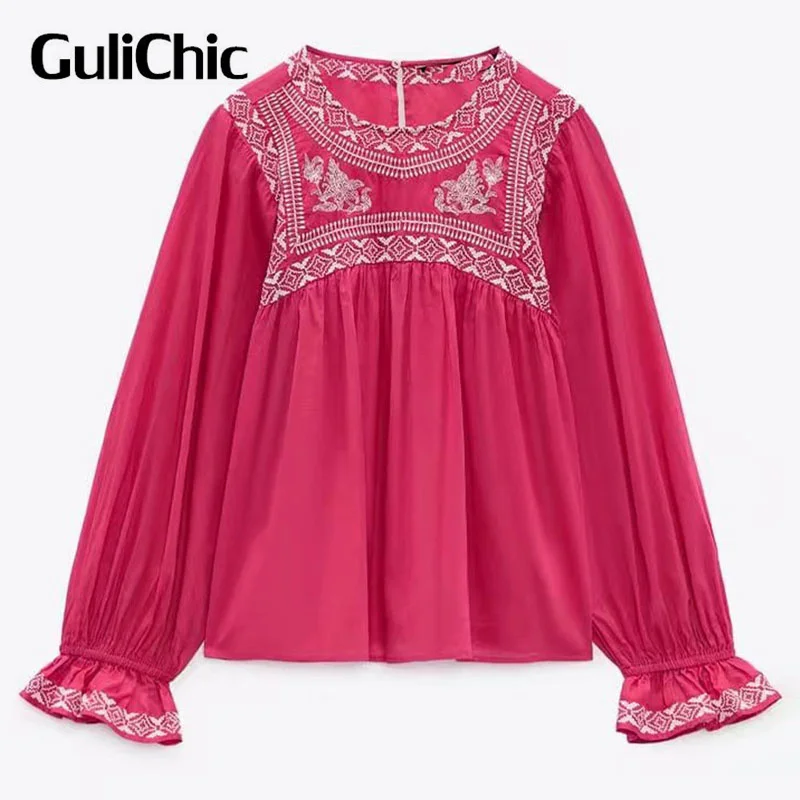 

3.21 GuliChic Women Vintage Contrast Color Embroidery Patchwork O-Neck Loose Casual Shirt