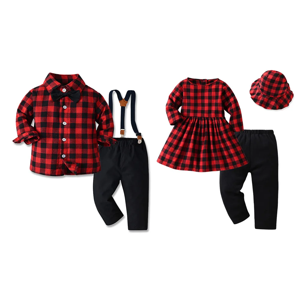 

Brother and Sister Dress Autumn Children's Wear College Style Boy's Handsome Girl Dress Plaid Long Sleeve Shirt Western Style