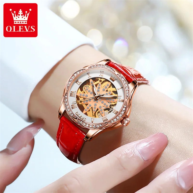 OLEVS Women Fashion Watch Automatic Mechanical Wrist Watch for Women Ladies Elegant Leather Strap Watch Clock Relogio Feminino enlarge