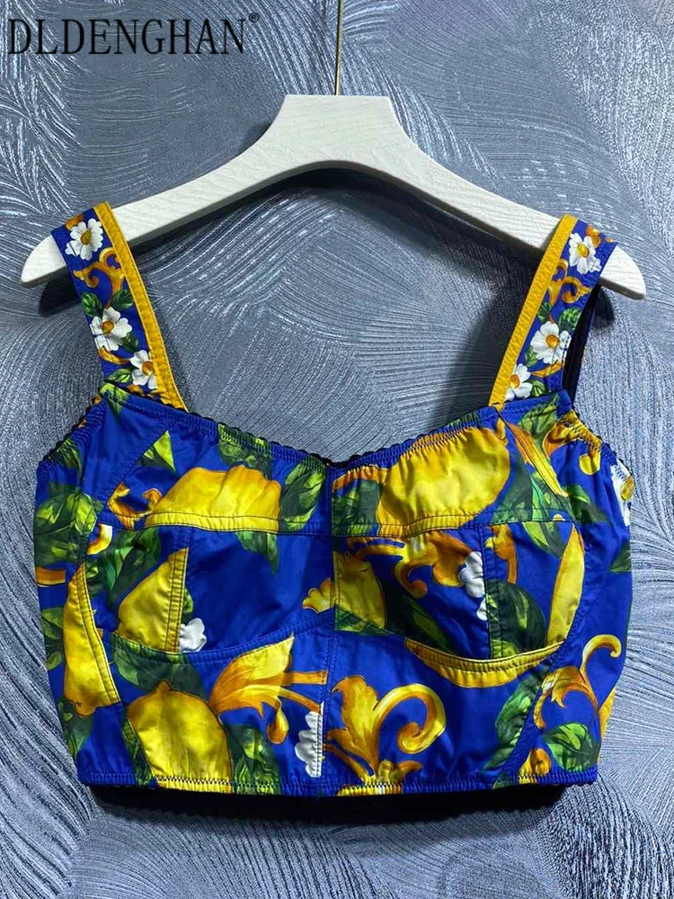 DLDENGHAN Women 100% Cotton Short  Blouse Backless Yellow Lemon Print Vacation Camis Tops Fashion Designer Summer New
