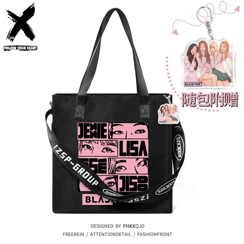Bolso de mano con estampado de dibujos animados, bolsa de hombro, bolso de lona, color negro y rosa, nuevo