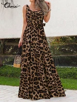 celmia bohemian summer dress women leopard print long robe 2022 holiday sleeveless tank dresses casual belted maxi vestido mujer