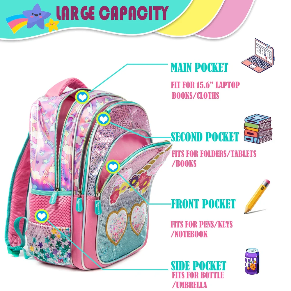 BIkab 3 Piece Set School Bags for Girls  Unicorn Pink Sequins Waterproof  Kids Backpack School Bags Shoulder Kawaii Backpack