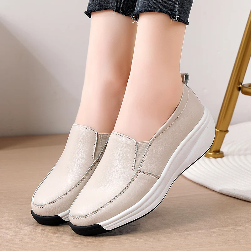 Summer Women Flats Genuine Leather Woman Casual Shoes Wedges Heeled Luxury Ladies Loafers Female Slip-on Shoes Tenis Moccasins